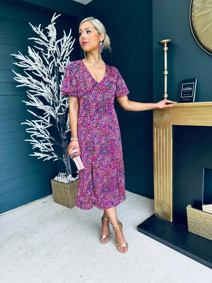Women Midi Canella Lane Levi Purple Animal Print Angel Sleeve Split Leg Midi Dress