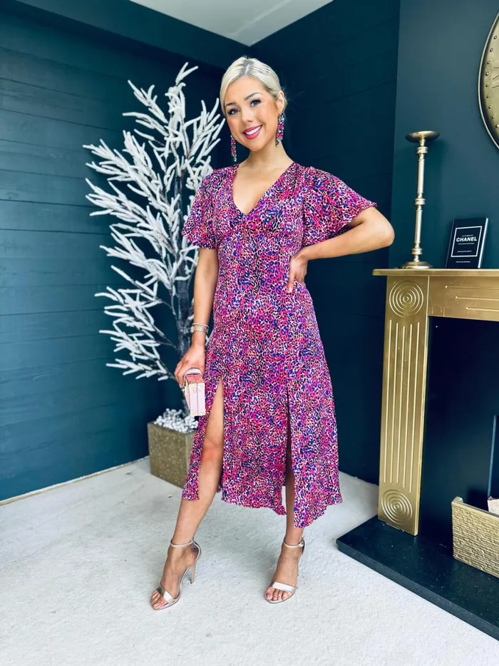 Women Midi Canella Lane Levi Purple Animal Print Angel Sleeve Split Leg Midi Dress