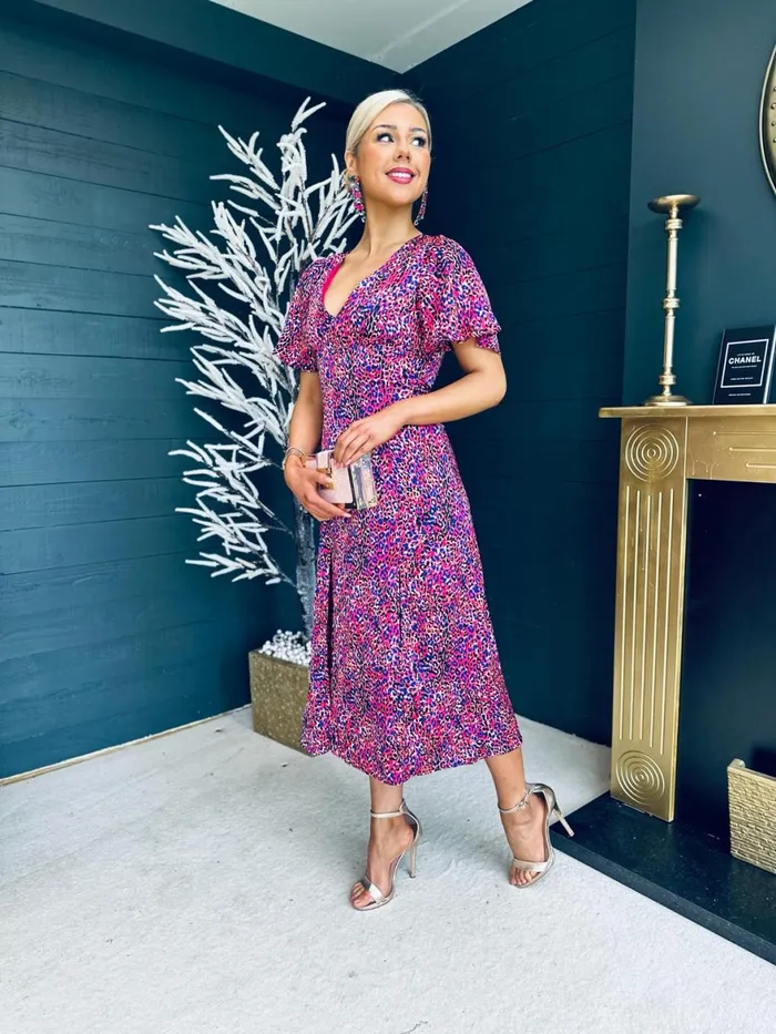 Women Midi Canella Lane Levi Purple Animal Print Angel Sleeve Split Leg Midi Dress