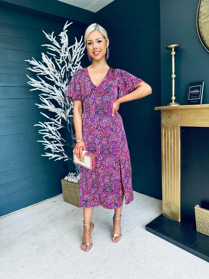 Women Midi Canella Lane Levi Purple Animal Print Angel Sleeve Split Leg Midi Dress