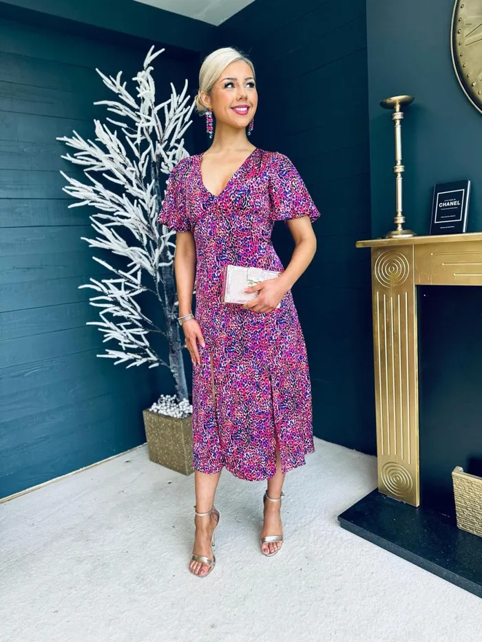 Women Midi Canella Lane Levi Purple Animal Print Angel Sleeve Split Leg Midi Dress
