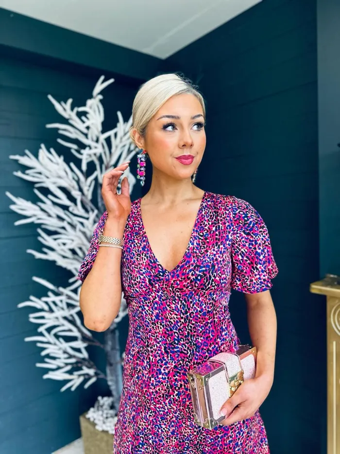 Women Midi Canella Lane Levi Purple Animal Print Angel Sleeve Split Leg Midi Dress