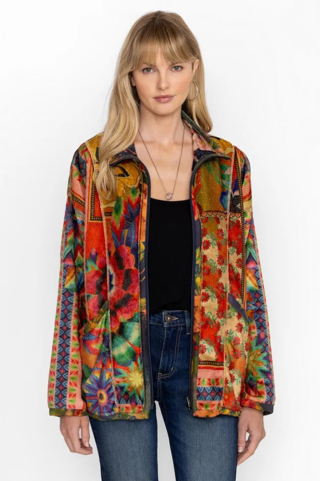 Women Outerwear Johnny Was JOAN ZIP SHERPA JACKET Tiedye Scarf Print