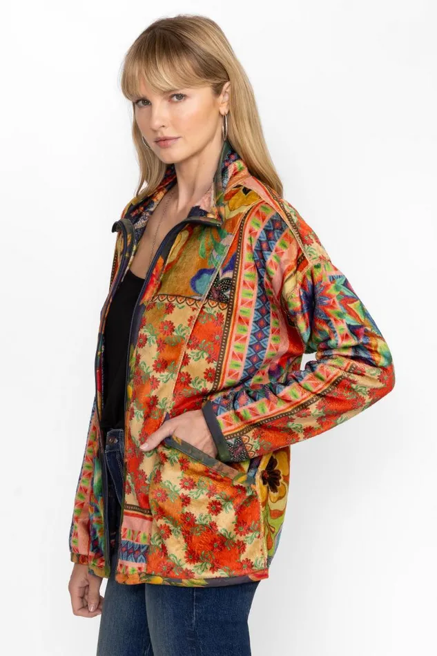 Women Petites Johnny Was JOAN ZIP SHERPA JACKET Tiedye Scarf Print