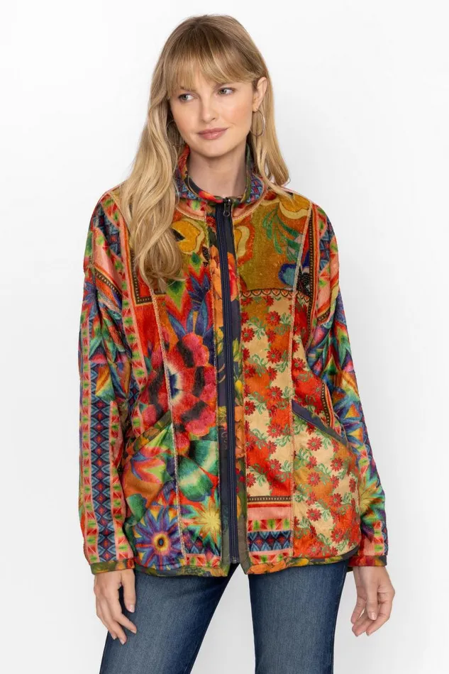 Women Petites Johnny Was JOAN ZIP SHERPA JACKET Tiedye Scarf Print