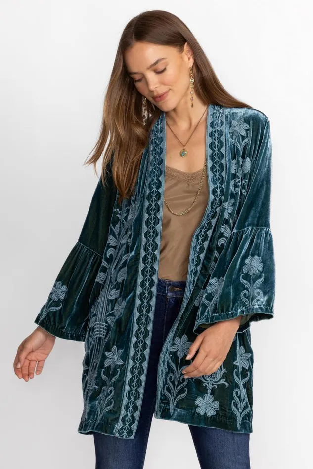 Women Petites Johnny Was VELVET RUFFLE SLEEVE KIMONO Peacock