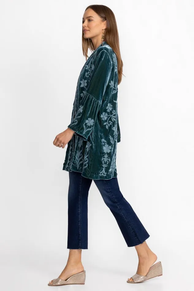 Women Petites Johnny Was VELVET RUFFLE SLEEVE KIMONO Peacock