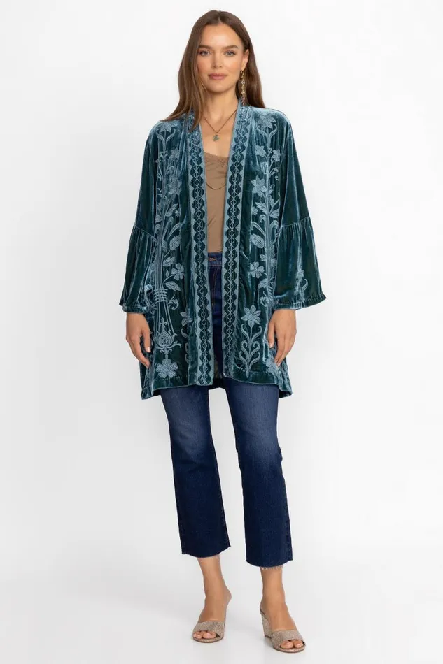 Women Petites Johnny Was VELVET RUFFLE SLEEVE KIMONO Peacock