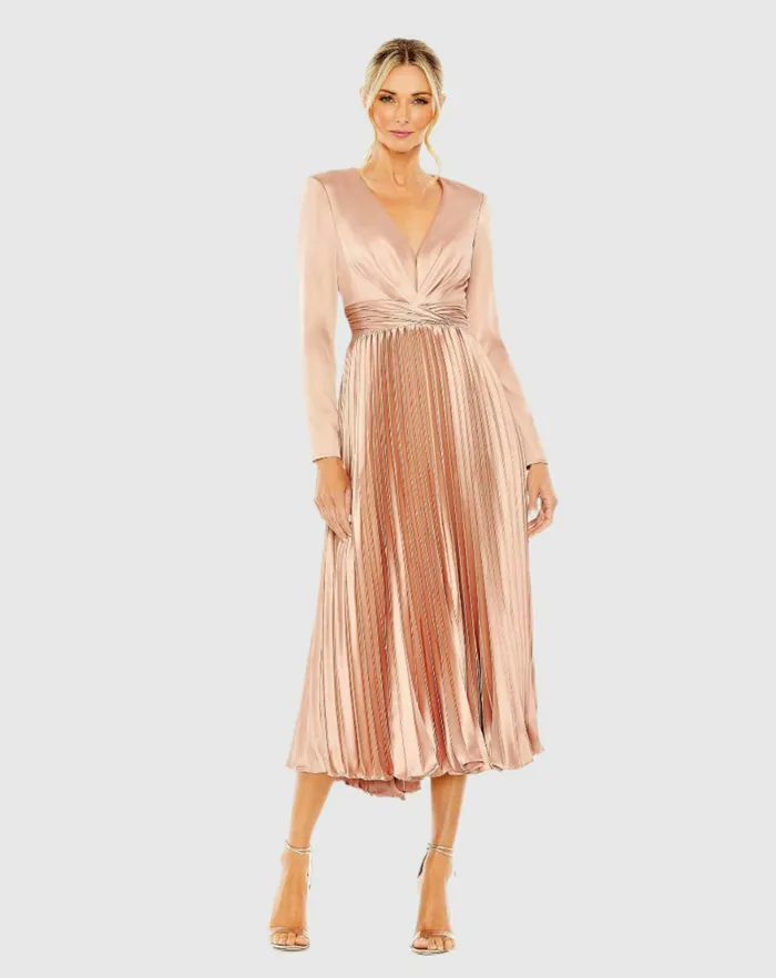 Women Pleated Long Sleeve VNeck Dress Rose Cocktail Dresses Mac Duggal