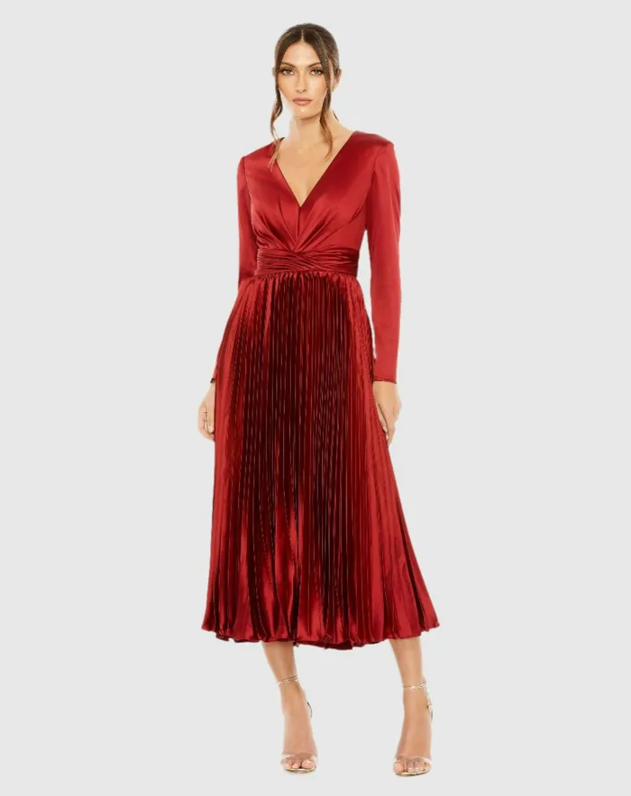 Women Pleated Long Sleeve VNeck Dress Rose Cocktail Dresses Mac Duggal