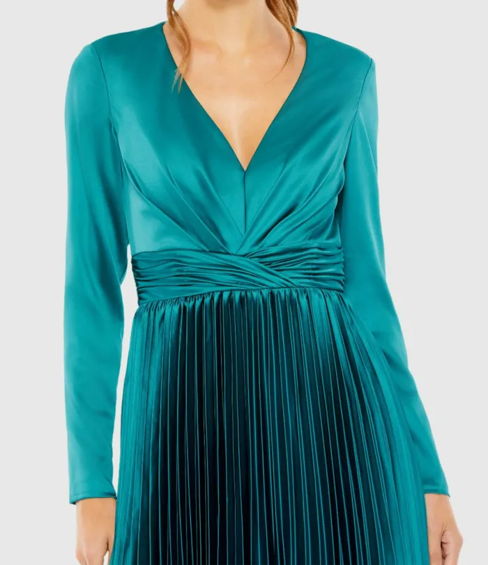Women Pleated Long Sleeve VNeck Dress Rose Cocktail Dresses Mac Duggal