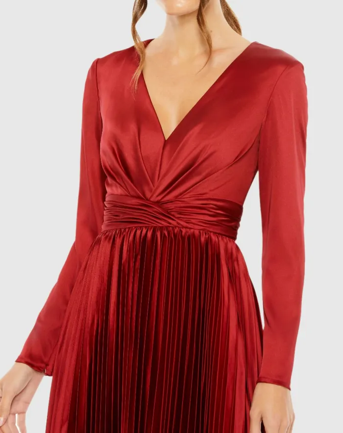 Women Pleated Long Sleeve VNeck Dress Rose Cocktail Dresses Mac Duggal