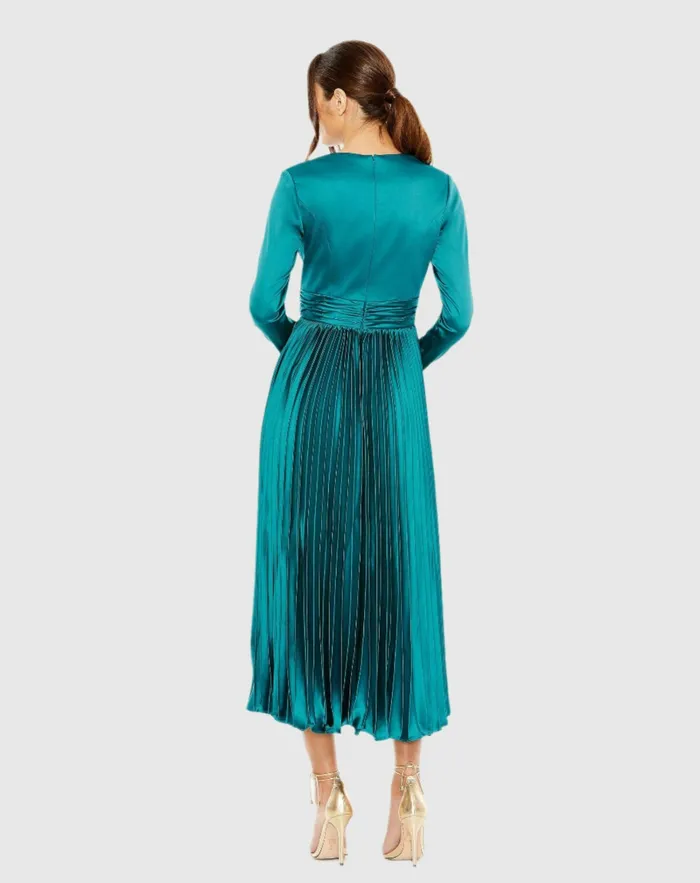 Women Pleated Long Sleeve VNeck Dress Rose Cocktail Dresses Mac Duggal