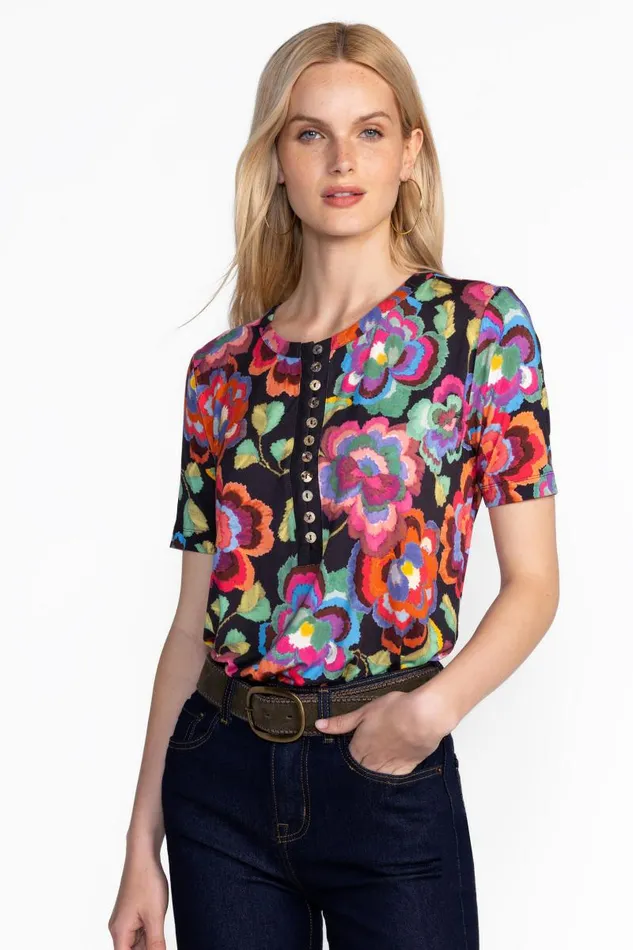 Women Plus Size Johnny Was THE JANIE FAVORITE SHORT SLEEVE HENLEY TEE Calanthe