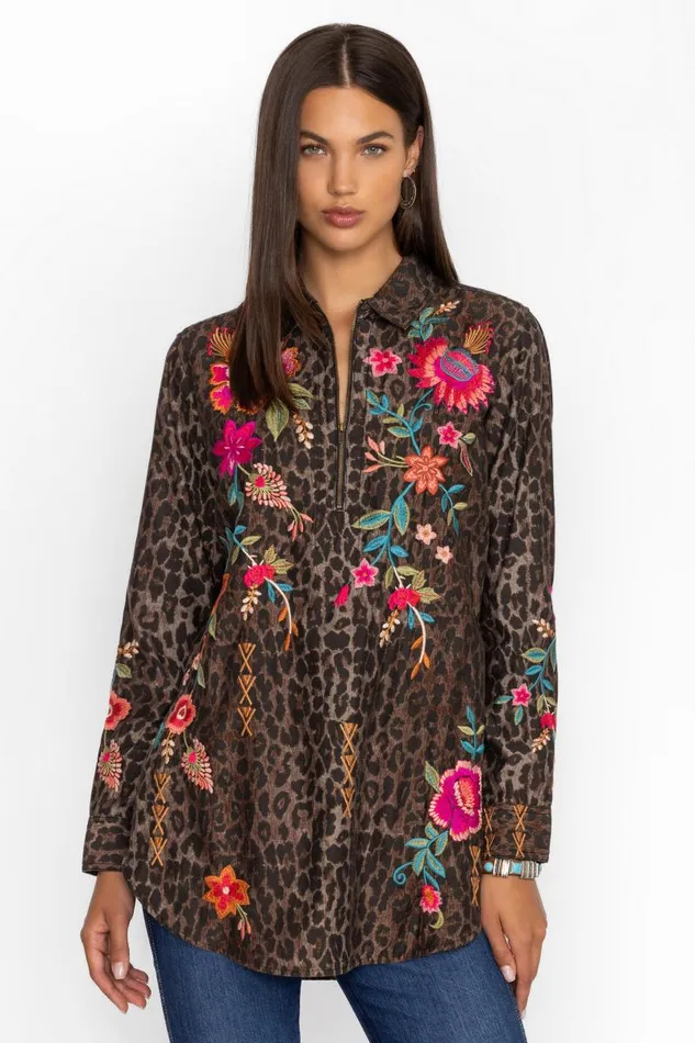 Women Plus Size Johnny Was ZIPUP SHIRT TUNIC Og Leopard