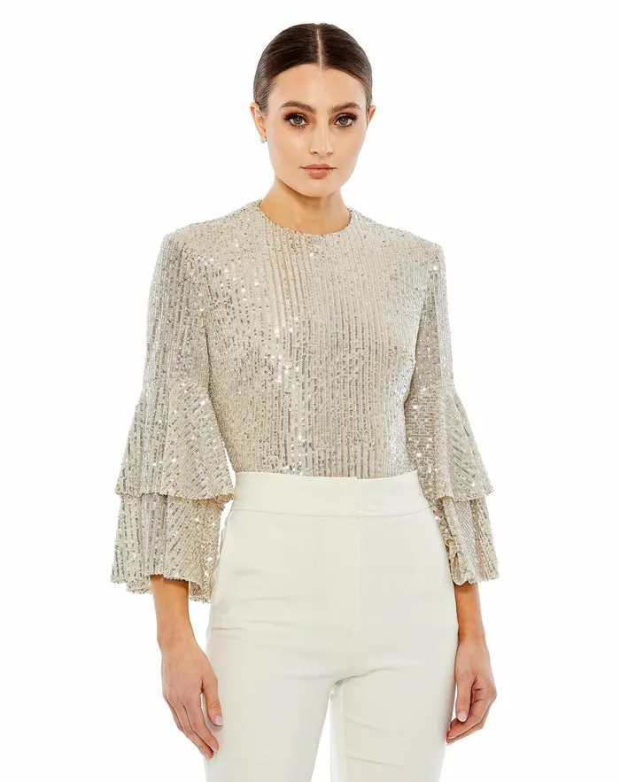 Women Ruffle 34 Sleeve Sequin Bodysuit 8211 FINAL SALE Nude Blouses and Tops Mac Duggal Women Ruffle 34 Sleeve Sequin Bodysuit 8211 FINAL SALE Nude Blouses and Tops Mac Duggal
