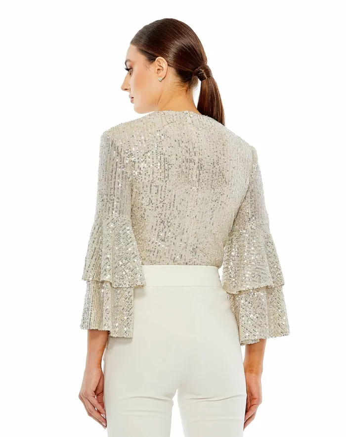 Women Ruffle 34 Sleeve Sequin Bodysuit 8211 FINAL SALE Nude Blouses and Tops Mac Duggal