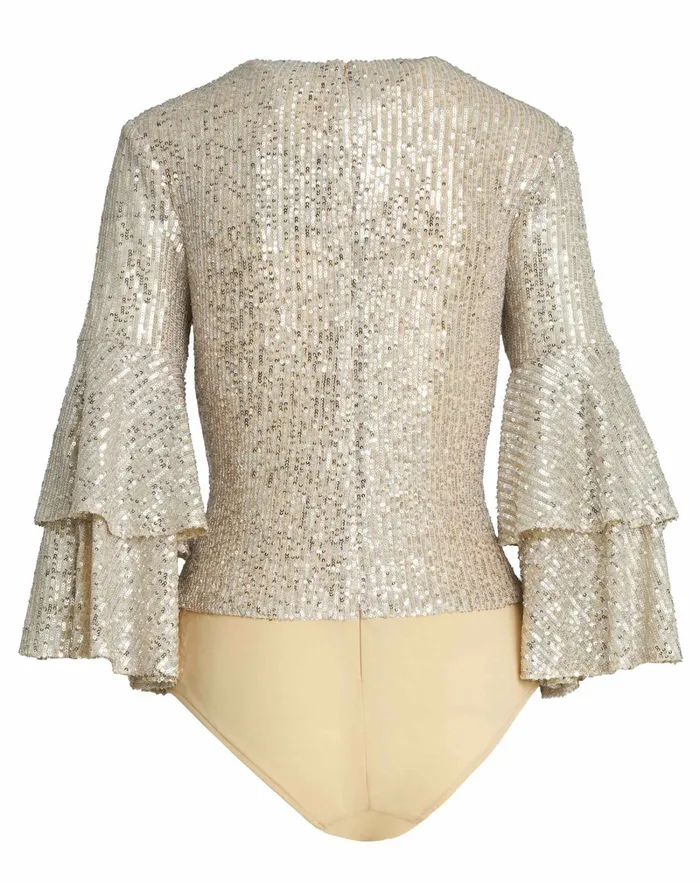 Women Ruffle 34 Sleeve Sequin Bodysuit 8211 FINAL SALE Nude Blouses and Tops Mac Duggal