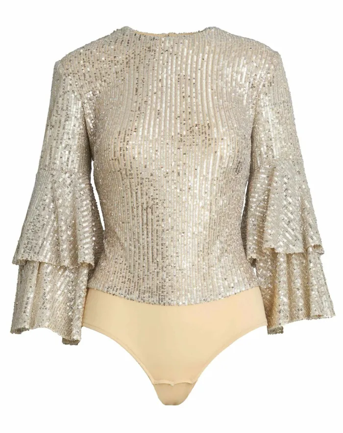 Women Ruffle 34 Sleeve Sequin Bodysuit 8211 FINAL SALE Nude Blouses and Tops Mac Duggal