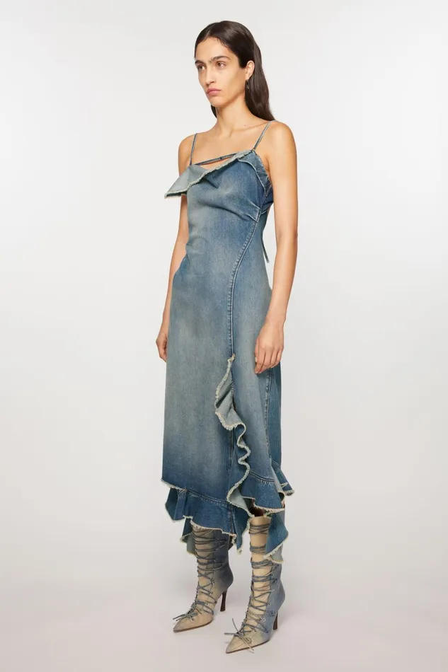 Women Ruffle Strap Denim Dress Mid Blue Acne Studios Dresses