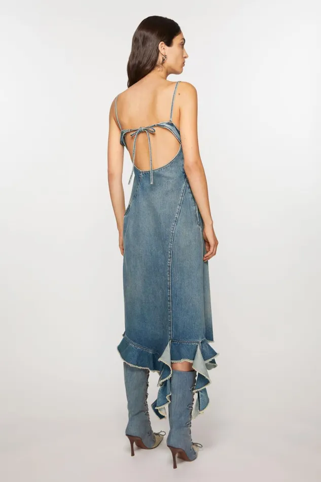 Women Ruffle Strap Denim Dress Mid Blue Acne Studios Dresses