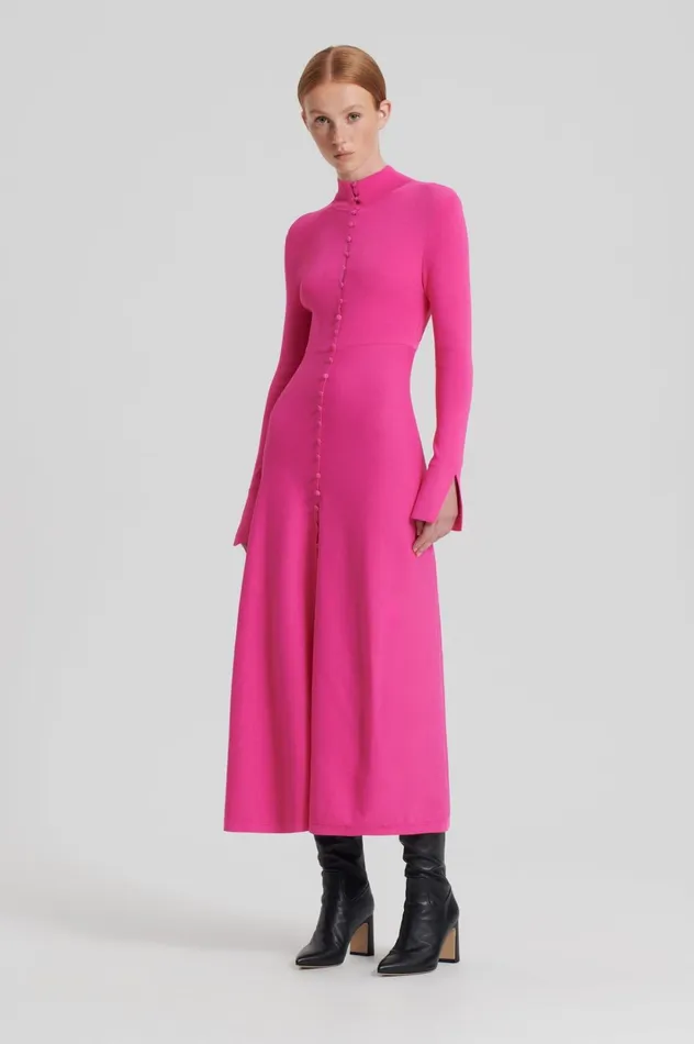 Women Scanlan Theodore Dresses CREPE KNIT BUTTON POLO DRESS Fuchsia