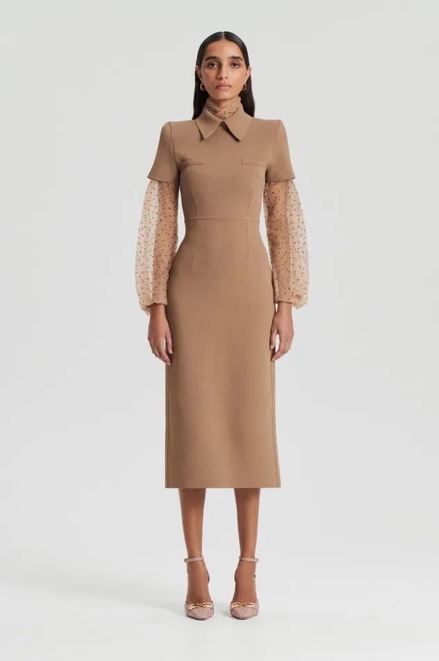 Women Scanlan Theodore Dresses CREPE KNIT COLLAR DRESS Camel