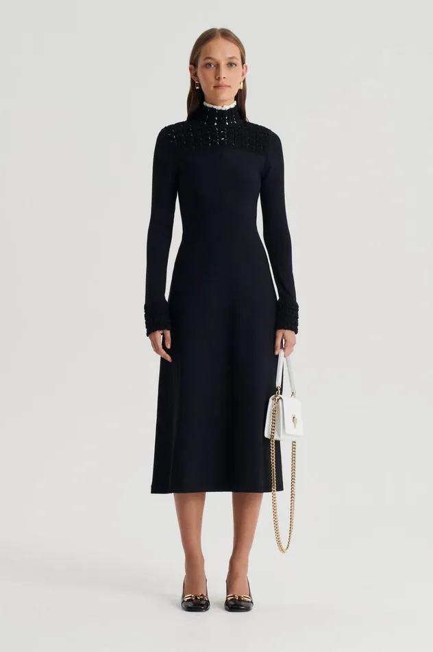 Women Scanlan Theodore Dresses CREPE KNIT DAISY POLO DRESS Black