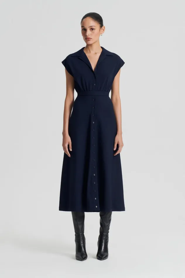 Women Scanlan Theodore Dresses CREPE KNIT SHIRT DRESS Navy
