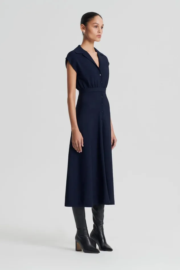 Women Scanlan Theodore Dresses CREPE KNIT SHIRT DRESS Navy