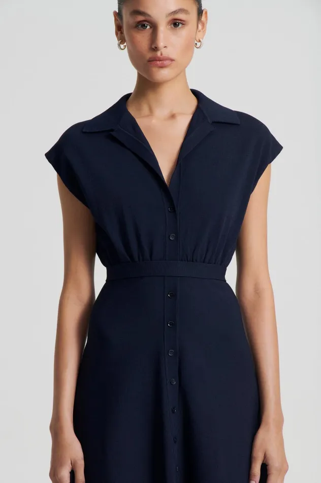 Women Scanlan Theodore Dresses CREPE KNIT SHIRT DRESS Navy