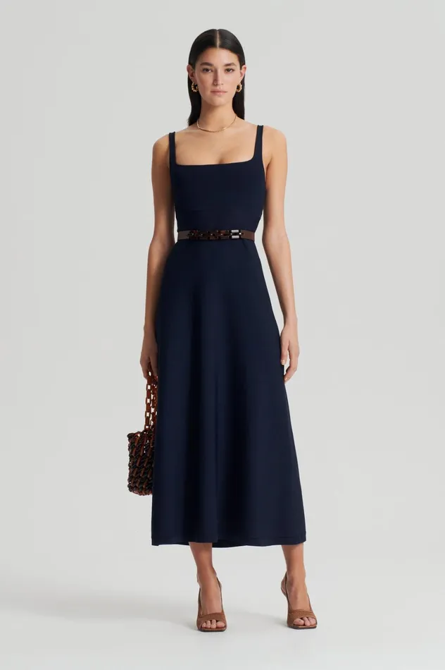 Women Scanlan Theodore Dresses CREPE KNIT SQUARE NECK DRESS Navy