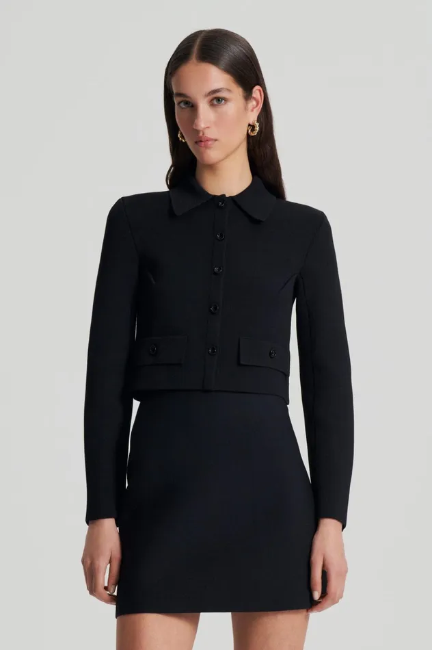Women Scanlan Theodore Jackets CREPE KNIT CROP BUTTON JACKET Black Women Scanlan Theodore Jackets CREPE KNIT CROP BUTTON JACKET Black