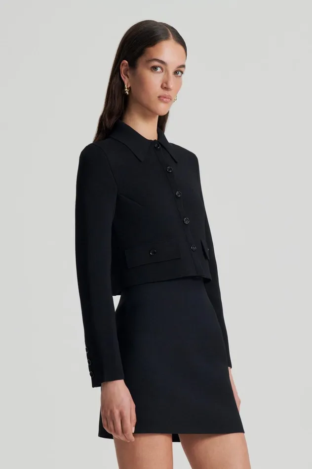 Women Scanlan Theodore Jackets CREPE KNIT CROP BUTTON JACKET Black Women Scanlan Theodore Jackets CREPE KNIT CROP BUTTON JACKET Black
