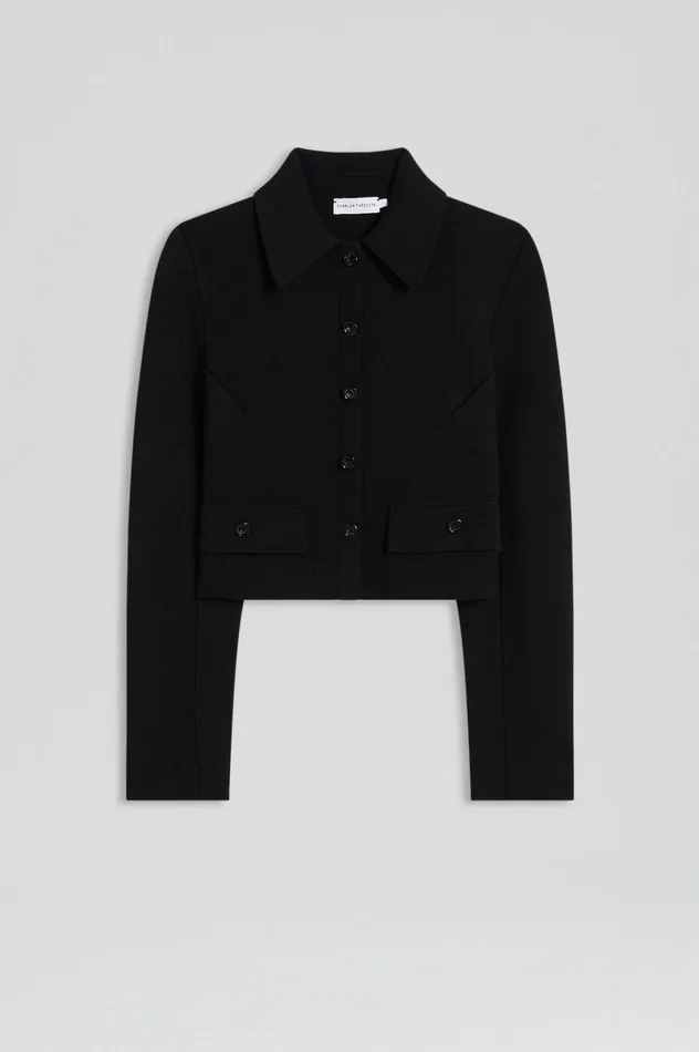 Women Scanlan Theodore Jackets CREPE KNIT CROP BUTTON JACKET Black Women Scanlan Theodore Jackets CREPE KNIT CROP BUTTON JACKET Black