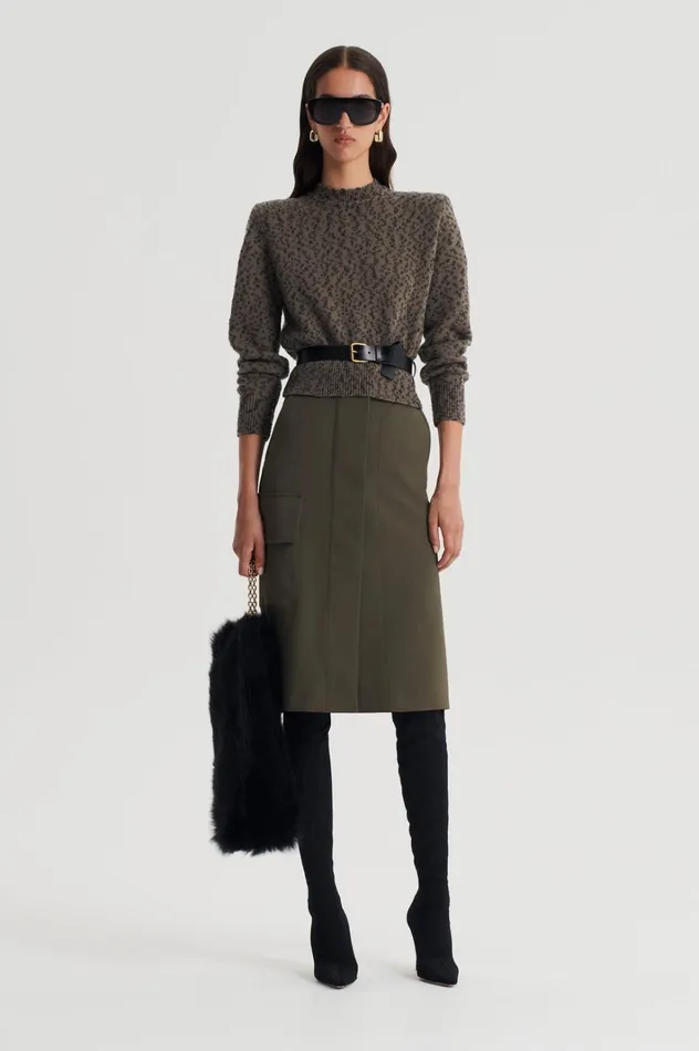 Women Scanlan Theodore Sweaters BOUCLE SHOULDER PAD SWEATER Khaki