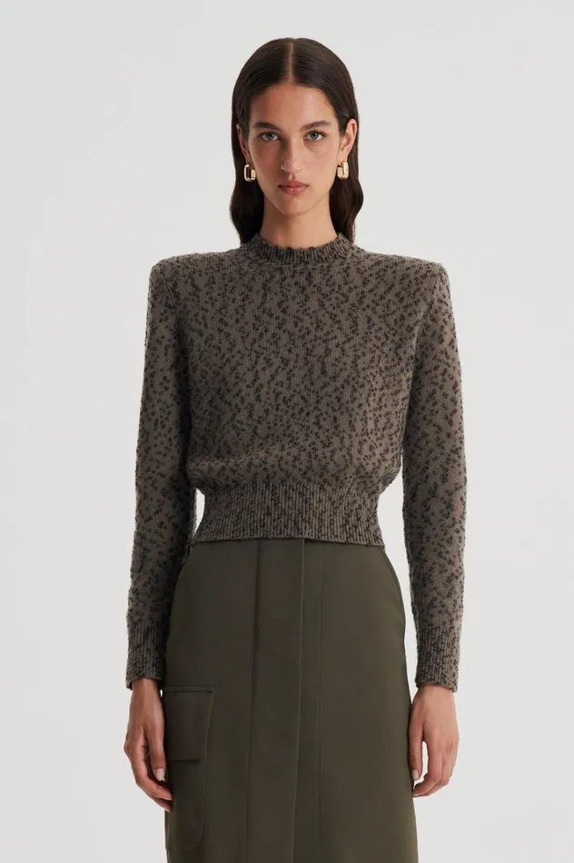 Women Scanlan Theodore Sweaters BOUCLE SHOULDER PAD SWEATER Khaki