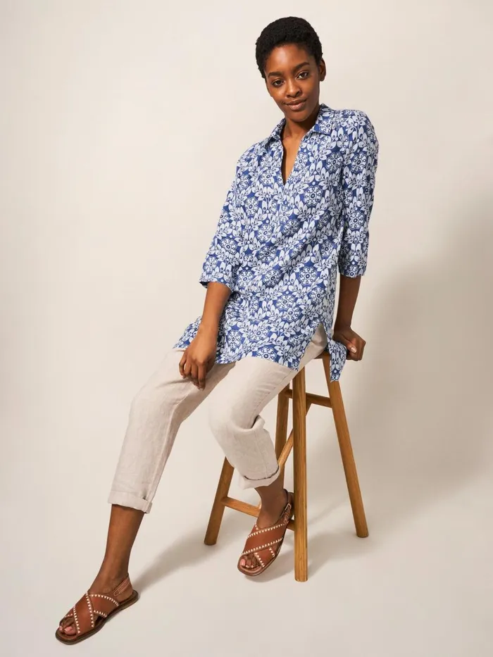 Women SHIRTS and BLOUSES White Stuff Blaire Linen Versatile Tunic Blue Multi Women SHIRTS and BLOUSES White Stuff Blaire Linen Versatile Tunic Blue Multi