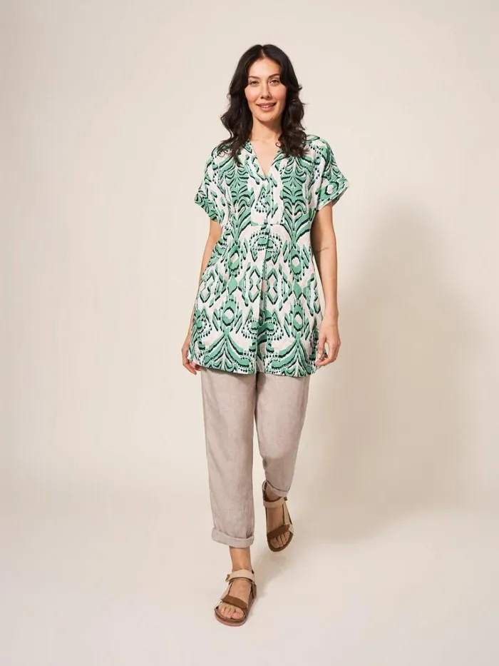Women SHIRTS and BLOUSES White Stuff Marianne Linen Tunic Top Green Multi