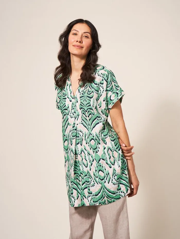 Women SHIRTS and BLOUSES White Stuff Marianne Linen Tunic Top Green Multi