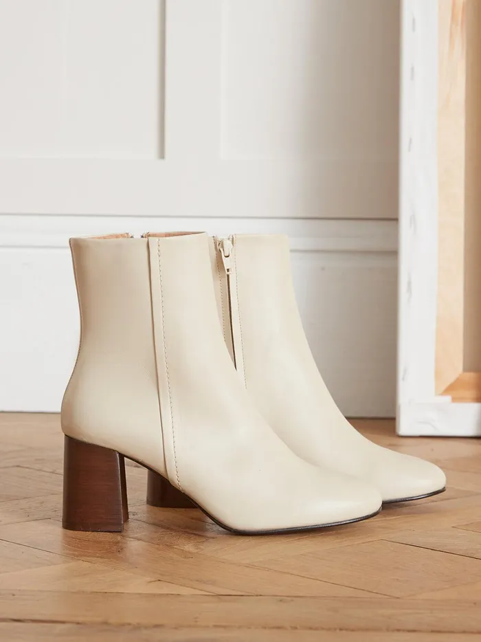 Women Shoes Cyrillus Heeled Leather Ankle Boots Craie