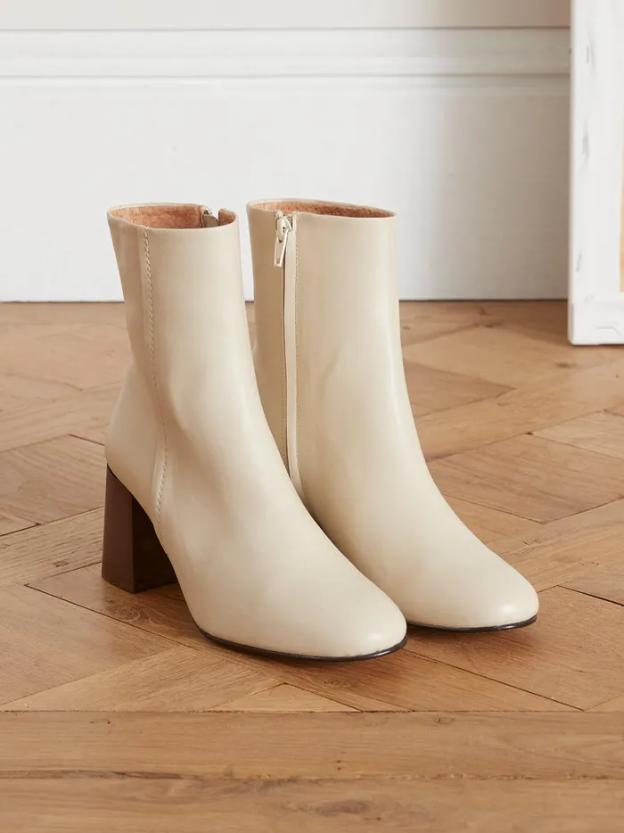Women Shoes Cyrillus Heeled Leather Ankle Boots Craie
