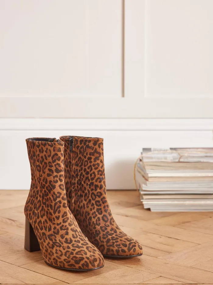 Women Shoes Cyrillus Leopard Print Heeled Ankle Boots Peau De Bete