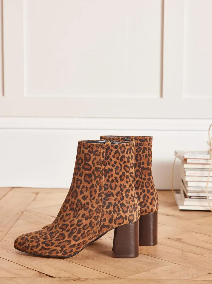 Women Shoes Cyrillus Leopard Print Heeled Ankle Boots Peau De Bete