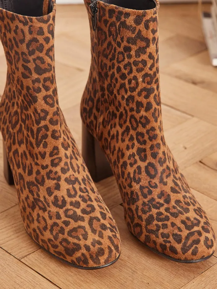 Women Shoes Cyrillus Leopard Print Heeled Ankle Boots Peau De Bete