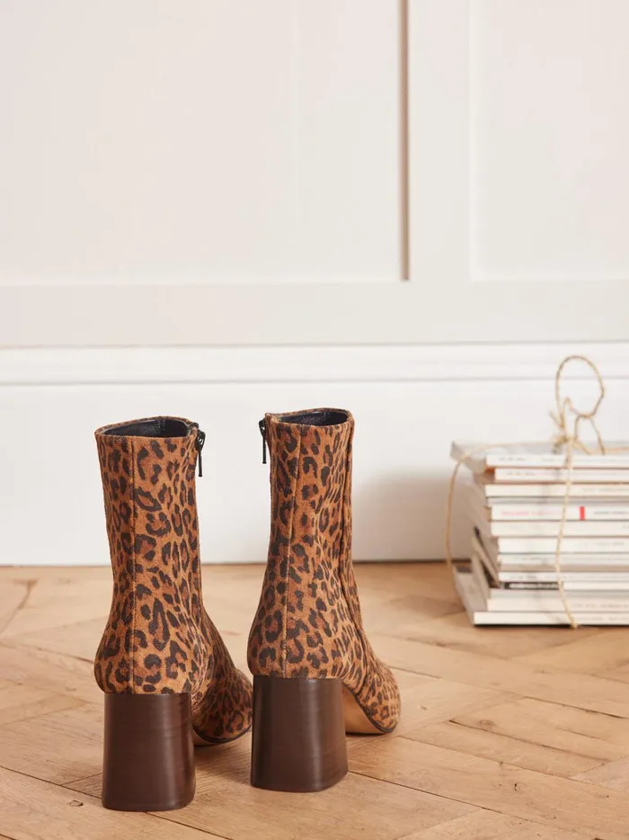 Women Shoes Cyrillus Leopard Print Heeled Ankle Boots Peau De Bete