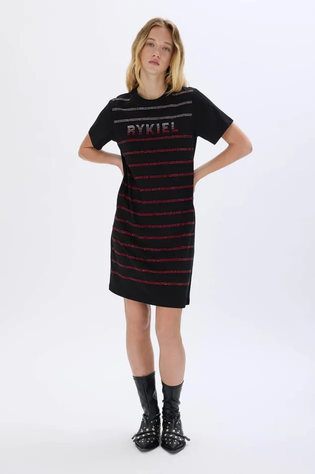 Women Shortsleeved Rhinestone Dress Black Black Sonia Rykiel Short Dresses