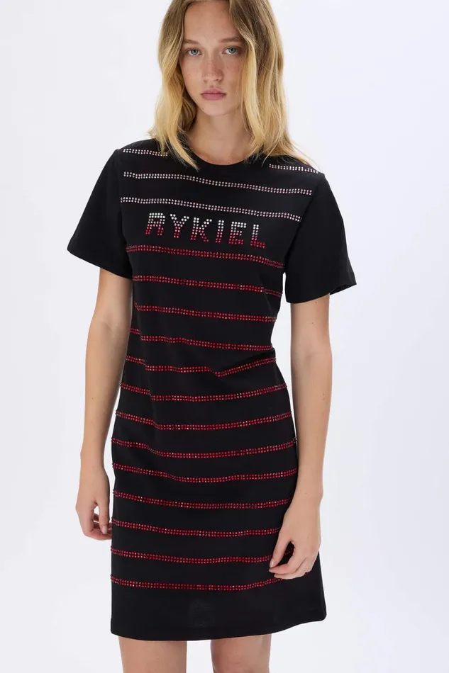 Women Shortsleeved Rhinestone Dress Black Black Sonia Rykiel Short Dresses
