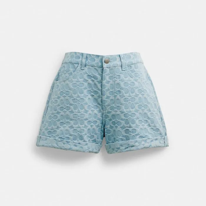 Women Signature Denim Shorts Blue Signature Coach Bottoms