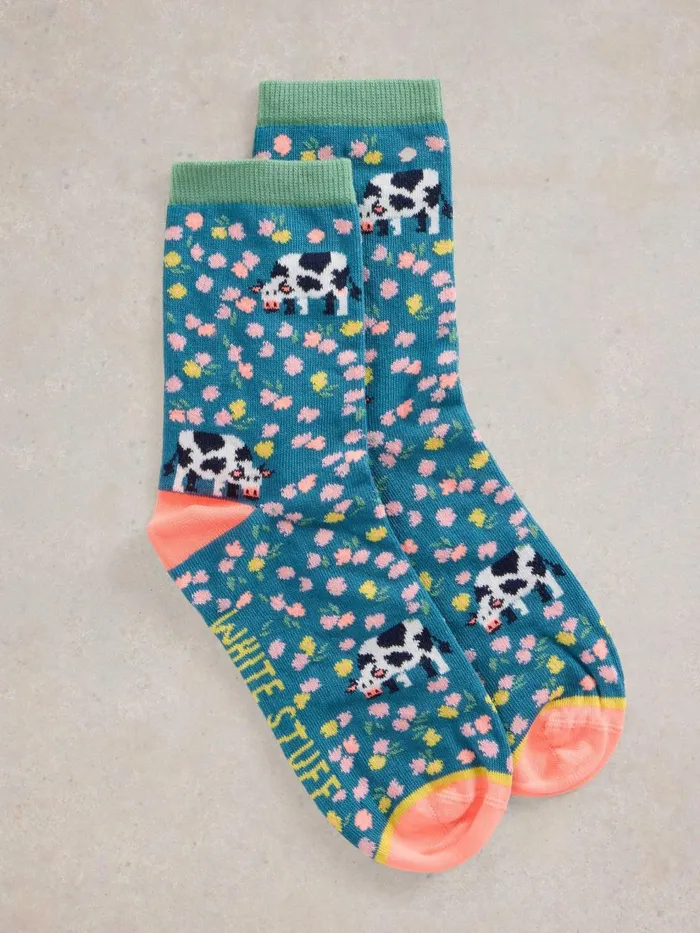 Women SOCKS White Stuff Floral Cow Ankle Sock Teal Multi